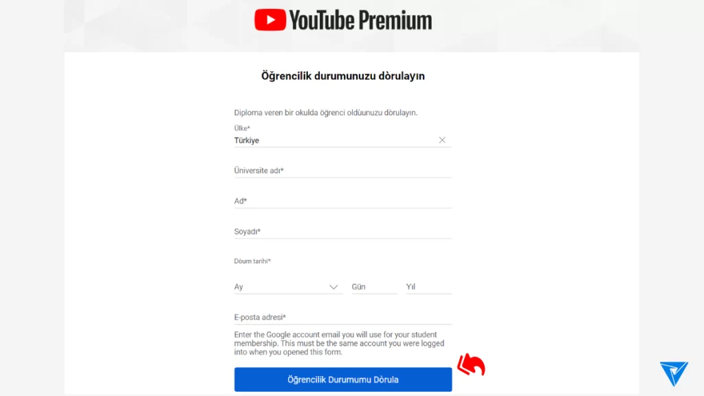 youtube premium öğrenci aboneliği form doldurma